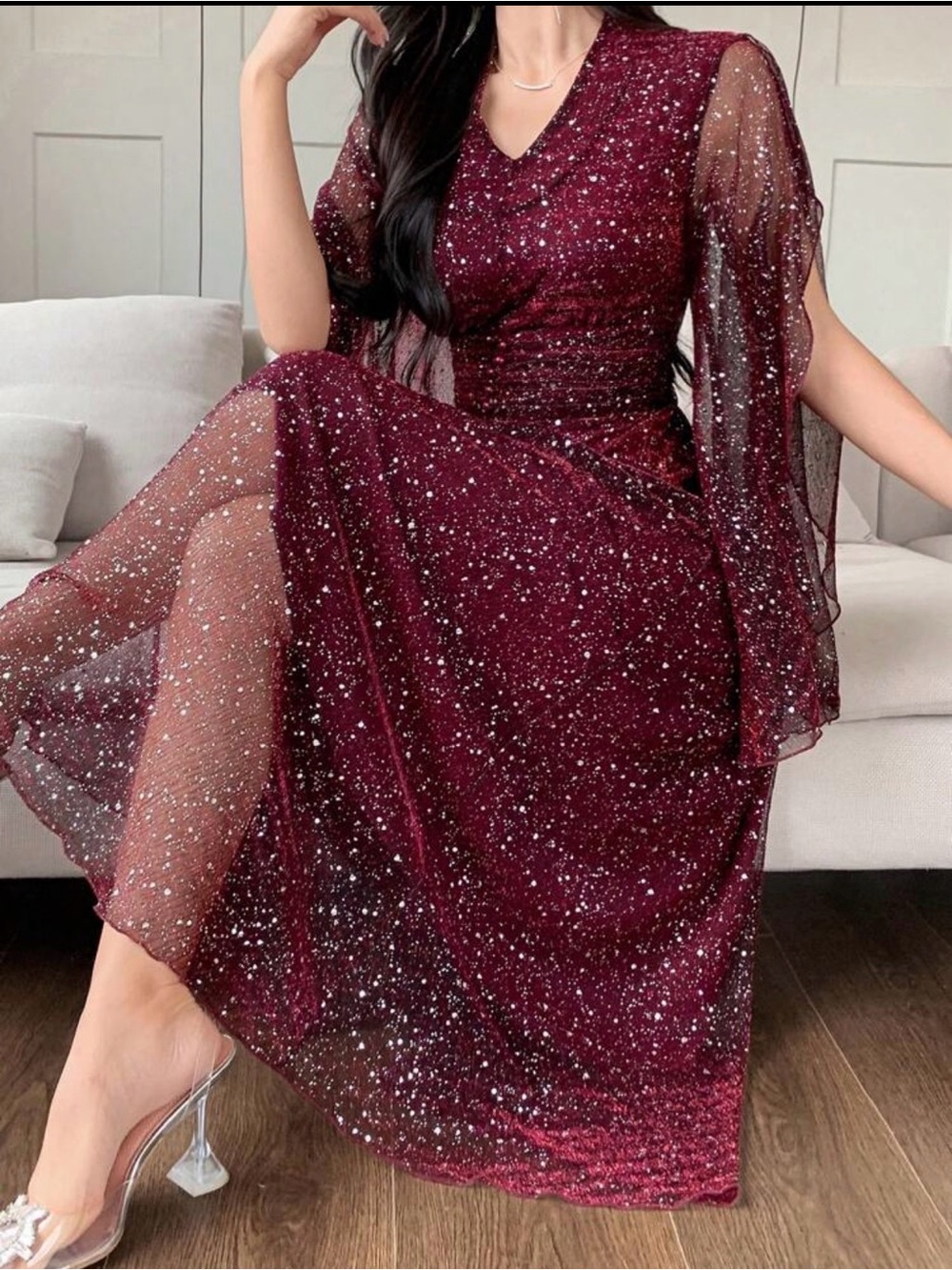 SHEIN Sparkling Wine-Red Glitter Midi Dress